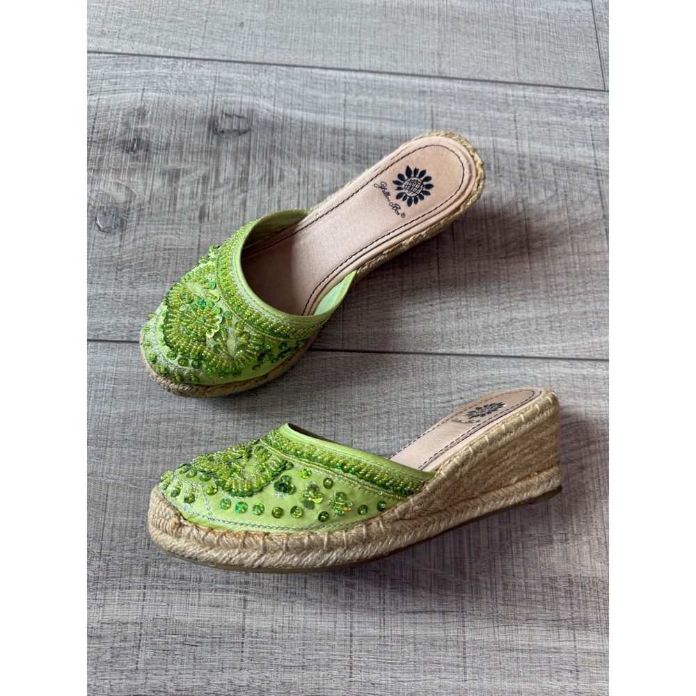Yellow Box Kina Lime Green Beaded Sequin Espadrille Wedge Sandals Womens 7